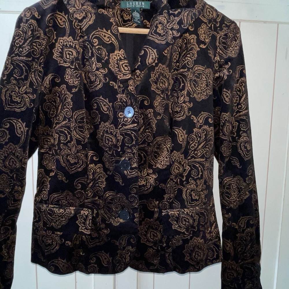 LAUREN Ralph Lauren Xmas Velvet Black Gold Brocade Blazer Dress Jacket 4 Holiday
